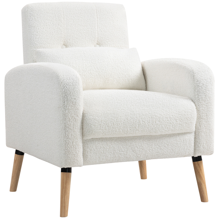 HOMCOM Lounge Chair, Armchair with Lumbar Pillow, Upholstered Armchair with Wooden Legs, Fleece Fabric, Reclining Single Chair for Living Room, Bedroom, White | Aosom