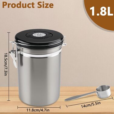Герметичний контейнер для кави, 1.8L, нержавіюча сталь 304 з датою розкриття та мірною ложкою для кави, зерен, чаю, борошна, зерна та цукру (Білий)