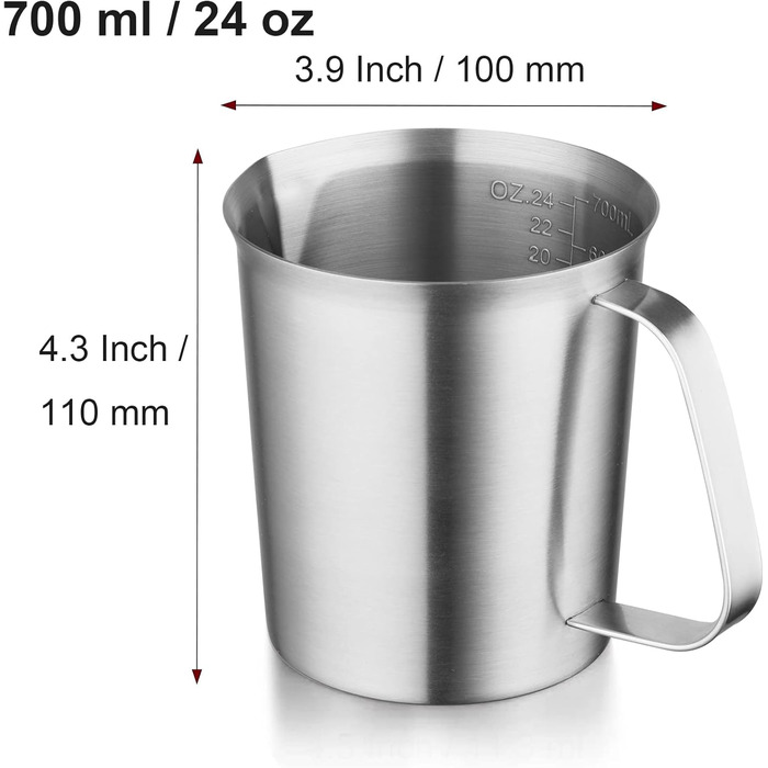 CURTA stainless steel measuring cup, 700 ml measuring cup, milk frothing cup, with markings for ml, oz, and cup.