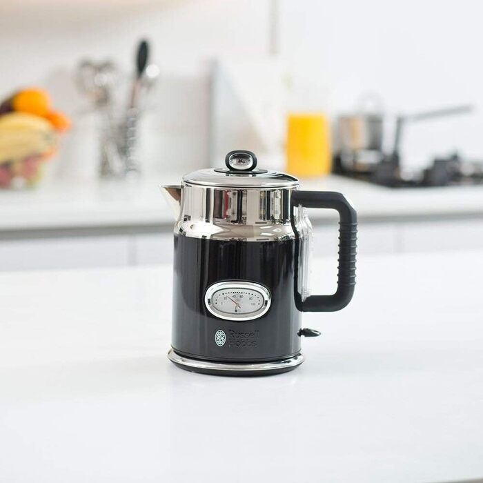 Russell Hobbs Kettle [1.7L, 2400W] Retro Black & Polished Stainless Steel (Quick Boil Function, Retro-Style Water Temperature Indicator, External Water Level Indicator) Vintage Teakettle 21671-70