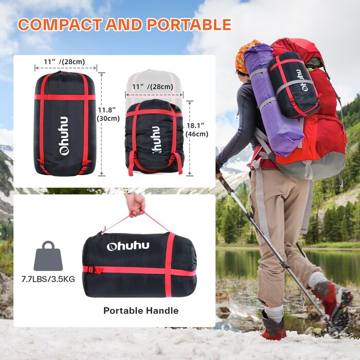 Спальний мішок Ohuhu на 2 особи, 220x150 см, для кемпінгу, подорожей, сімейного відпочинку та фестивалів (чорний, 3.5 кг)