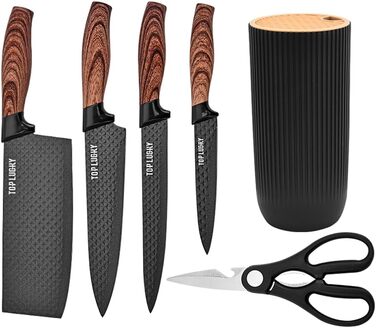 Набір ножів Messer Set, 6 шт. Чорний набір ножів у блоці для кухні, професійний набір кухонних ножів з нержавіючої сталі, для нарізання, шинкування та рубання