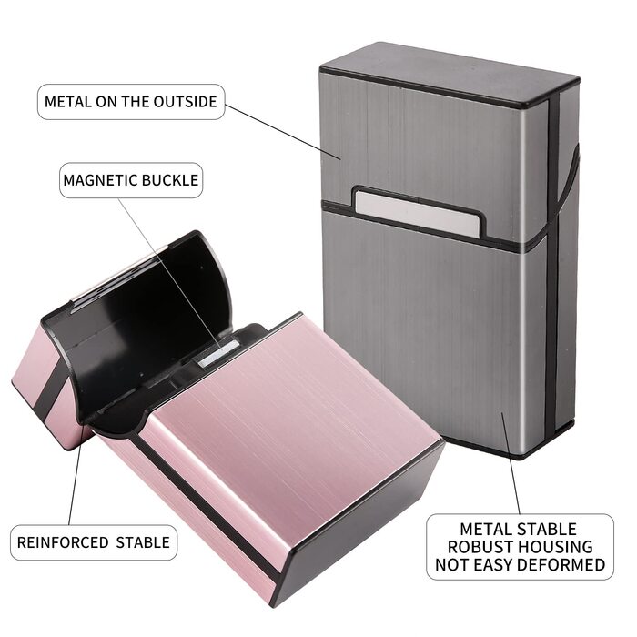 Металеве тютюноприладдя для 20 сигарет, рожеве золото, сірий, шампань, з магнітним замком