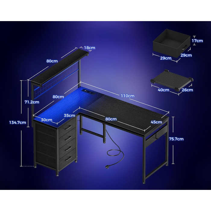 Ігровий стіл Coleshome з LED підсвічуванням, 110x80 см. Реверсивний стіл з шухлядами та розетками, кутовий стіл з полицею та місцем для зберігання, чорний