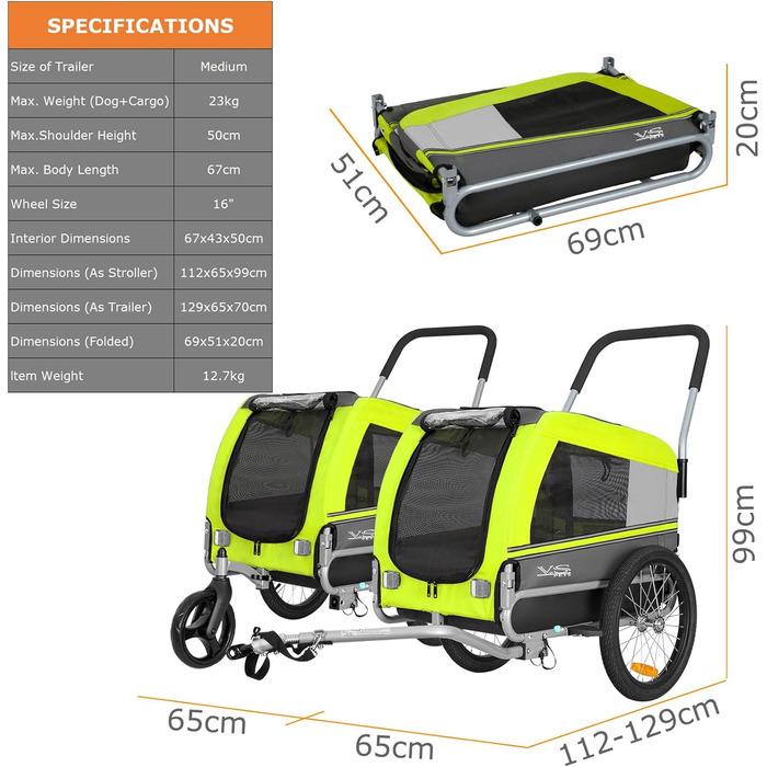 Універсальний візок-перевозник для собак Tiggo VS Pets Medium: 2-в-1 (велосипедний, буксирний)