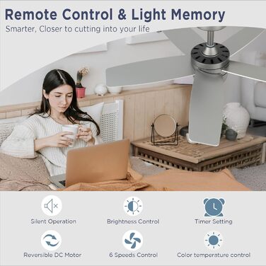 Стеляний вентилятор 91 см для маленьких кімнат: сучасний вентилятор з регульованим освітленням та дистанційним керуванням – реверсивний, тихий, з 6 швидкостями для маленьких спалень - 230V бронза+горіх