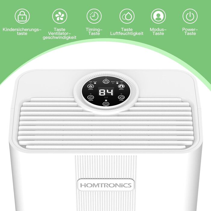 Електричний осушувач повітря Homtronics з гофрованим шлангом 1м, інтел. контроль вологості, 3 режими, таймер 24г, для підвалу, ванної, спальні