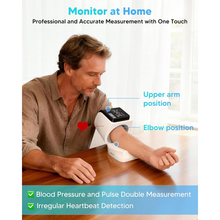 Тонометр на плече Arboleaf з великим LED-дисплеєм, вимірювання пульсу та частоти серцевих скорочень, 4x199 місця пам'яті, зарядка USB-C або AA-батареї, для домашнього використання, білий, компактний