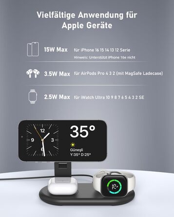 Зарядна станція 3-в-1 для Apple Watch та iPhone з MagSafe, сумісна з iPhone 17, 16, 15, 14, 13, 12, AirPods Pro (білий/чорний)