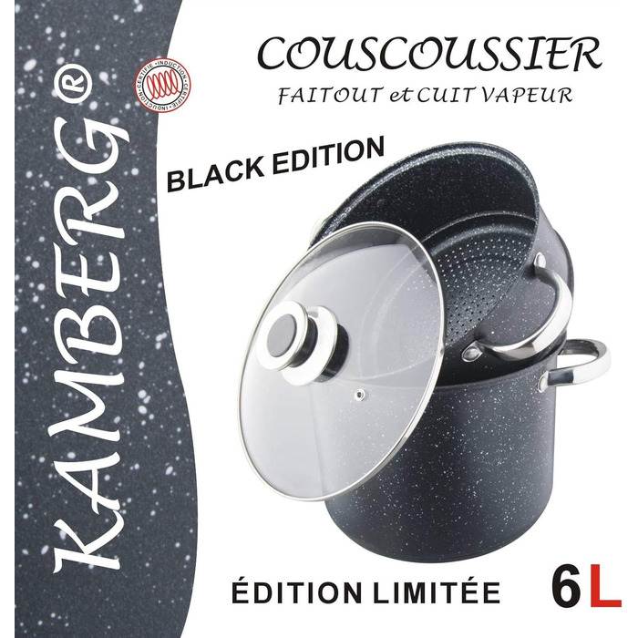 Каструля-пароварка Kamberg 0008122 з нержавіючої сталі, 6 літрів, діаметр 24 см, з покриттям під камінь, для всіх плит (індукція), PFOA-free