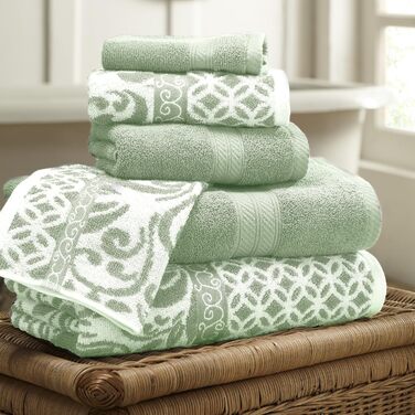 Modern Threads Trefoil Filigree 6-Piece Reversible Towel Set, Dyed, Jacquard, Bath Towels, Hand Towels, and Washcloths, Super Absorbent and Quick-Drying, 100% Combed Cotton Gray-Green Standard