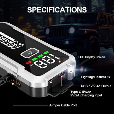 Портативний акумулятор Starthilfe для автомобіля: запуск 12V авто, мотоцикла, вантажівки, SUV з LED-ліхтариком та LCD екраном