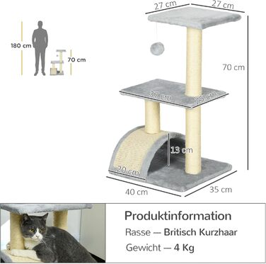 Котячий будиночок PawHut: невеликий когтетоп з 2 рівнями, іграшкою та будиночком, сірий, 40x35x72 см