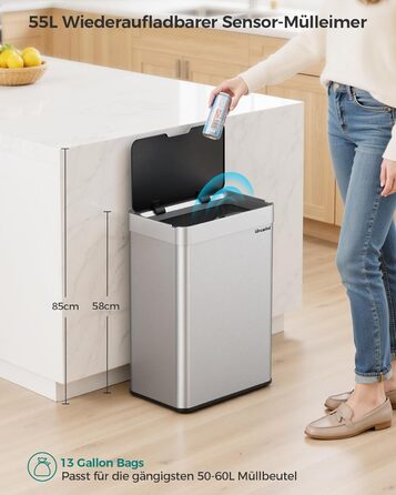 Сміттєвий бак кухонний сенсорний Lovewind 55л, нержавіюча сталь, USB-C, сріблястий