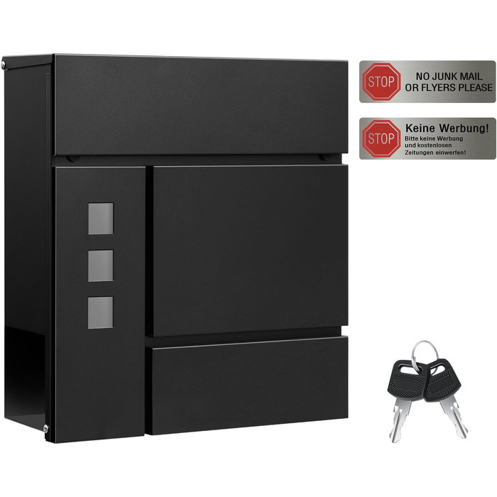 Поштова скринька WOLTU XXL з газетницею, оглядовим вікном та замком, антрацит (чорний) - 10,5 x 37 x 37 см