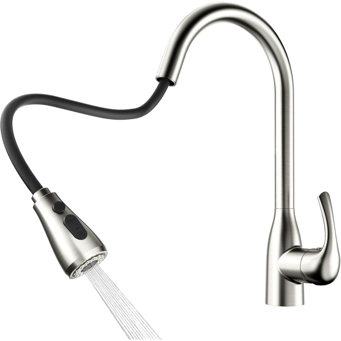 Кухонний змішувач Rainsworth з висувною лійкою та душем, високопродуктивний, з двома типами струменя, поворотний на 360°, з нержавіючої сталі, проста установка, висота 56 см
