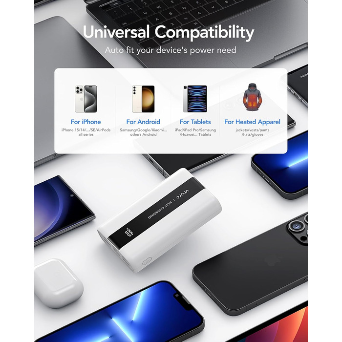 Power Bank VRURC 20000mAh: Швидка зарядка 22.5W, USB-C, 6 портів, LED-дисплей, для iPhone, Samsung, Huawei, iPad, Зелений