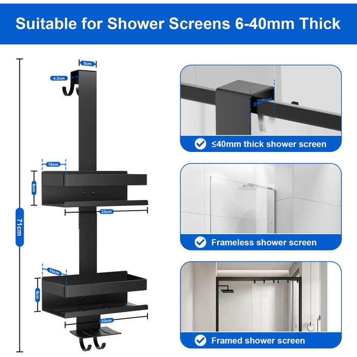 Поличка для душу без свердління, органайзер для ванної кімнати, чорна. Регульована поличка для шампуню та аксесуарів.