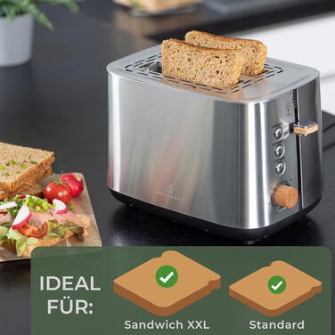 WALDWERK Design Toaster - made from 304 stainless steel and oak wood - for 2 slices - with bagel attachment - with extra wide and deep toasting chambers - with crumb tray Toaster stainless steel and wood