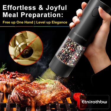 Electric Salt and Pepper Grinder Set, 2 Pieces, Automatic One-Hand Operation Pepper Grinders Rechargeable, Auto Pepper Shakers with Dust Covers, 5 Adjustable Coarseness Settings, LED Light