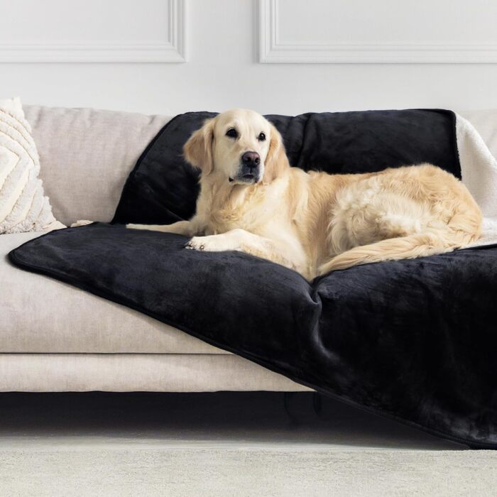 Водонепроникний коврик для собак Dreamzie 63x88 см - для дивана та ліжка. З обох боків Sherpa Fleece, прання допустиме (Чорний, L 127x152 см)