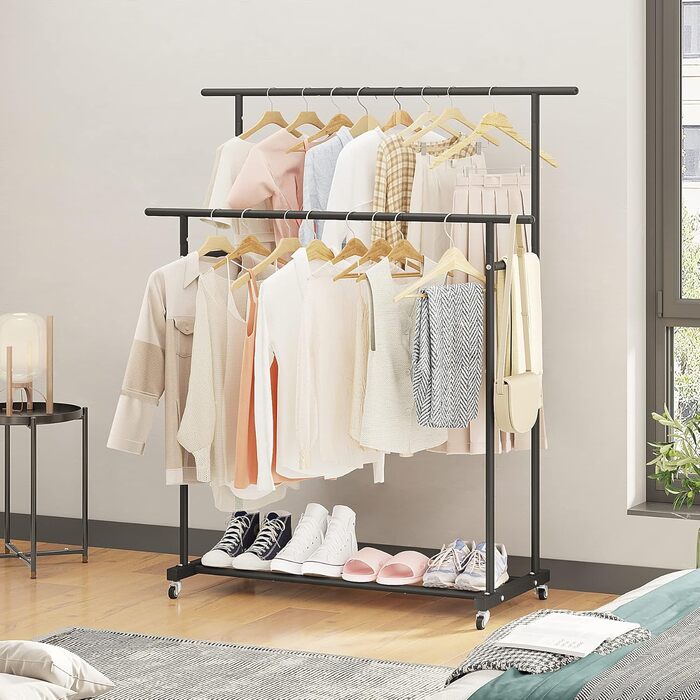 Clothes Rack with Double Rod, Rolling Clothes Rack, Portable Clothes Rack for Bedroom, Living Room, Clothing Store (Black)