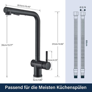 Змішувач для кухні Rozin, чорний матовий, високого тиску, з висувною лійкою 360°, 2 режими, для мийки, з донним клапаном (Orb)