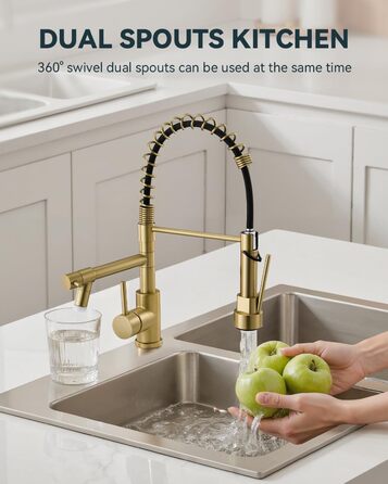 Кран кухонний LED Warmiehomy професійний, 360° поворотний, з двома виливами, високий вигин, спіральна пружина, для мийки, з нержавіючої сталі (золотий)