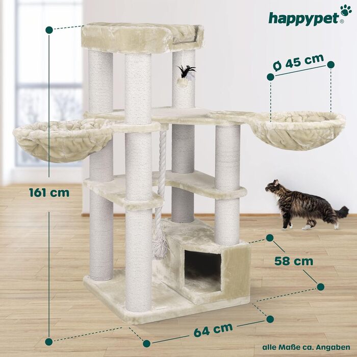 Котячий будиночок HappyPet 'Оскар' для великих котів - преміум якість, 161 см, 47 кг, товсті стовпчики 12 см, плюш 600 г, сертифіковане дерево, кремовий колір