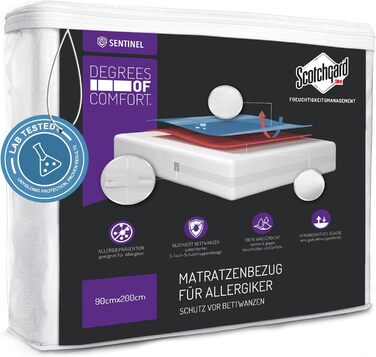 Degrees of Comfort Allergy Cover 90x200 cm Mattress Cover, Waterproof, Dust Mite Cover Anti Dust Mites and Bed Bugs Encasing with Zipper, Comfortable Cotton Surface, Height 13-16 cm
