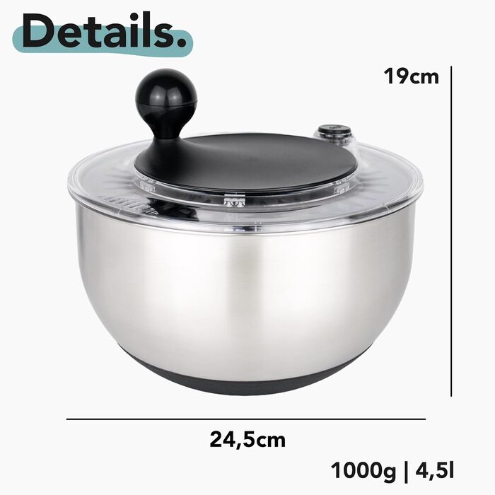 Салатниця-центрифуга з нержавіючої сталі (4,5л) + овочевий тертки з 5 лезами | Зручне віджимання салату завдяки неслизькому дну та ручним приводом