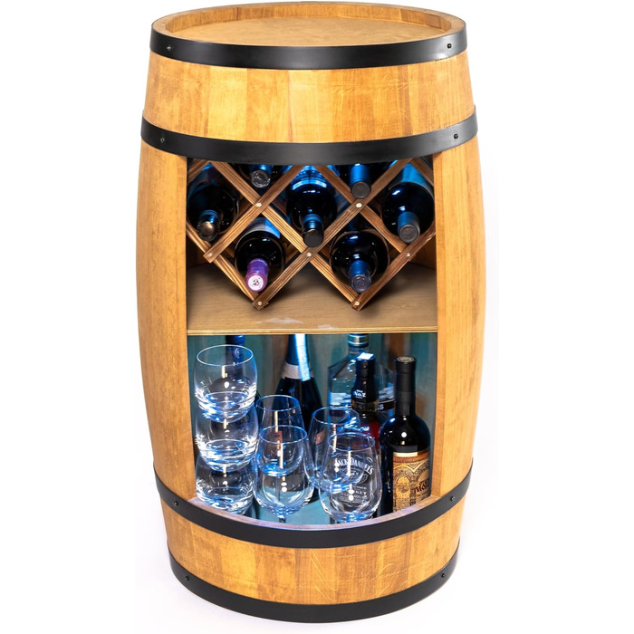 CREATIVE COOPER Fass bar LED RGB with wine holder - wine rack - wooden barrel home bar 80x50cm - rustic decor bar cabinet wine stand – wine cabinet (Light Brown)