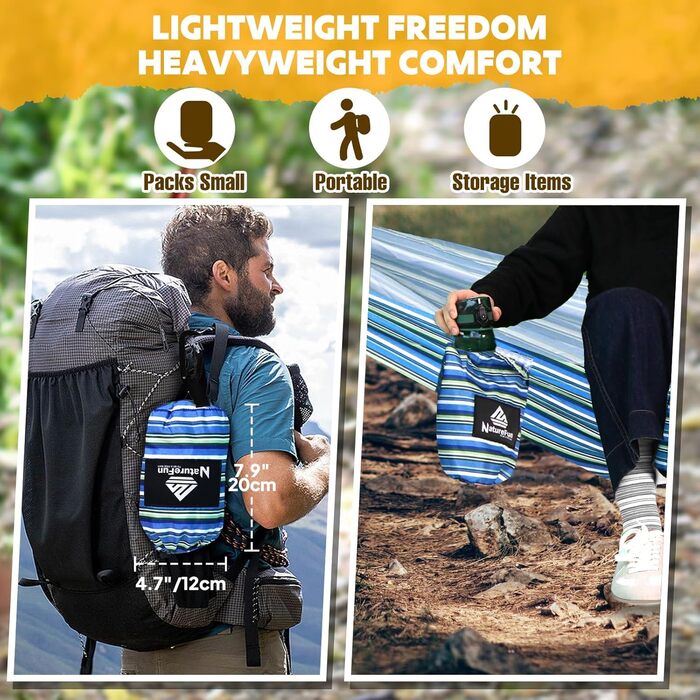 Ніжність у подорожах: Легка туристична гамак NATUREFUN | 300 кг, дихаюча, швидковисихаюча | 2 x карабіни, 2 x петлі | для відпочинку на природі, вдома, в саду (275 x 140 см, блакитно-білий)