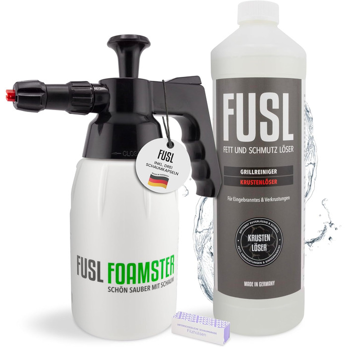 FUSL Grill Cleaner Set – FOAMSTER Foam Cannon + 1L Crust Remover – Extra Strong Grill Cleaner for Gas Grill, Smoker & Grill Grate – Biodegradable & Effective – Made in Germany