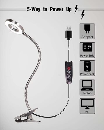 LED лампа для читання з кліпсою, диммер, 3 режими, 10 рівнів яскравості, срібляста, 8W