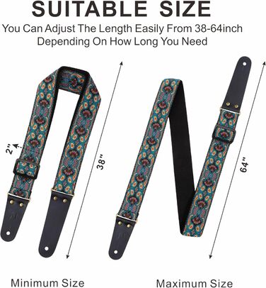 Гітарний ремінь Nefelibata: бавовняний з шкіряними кінцями, для акустичної та електрогітари, комплект з 2 шт.