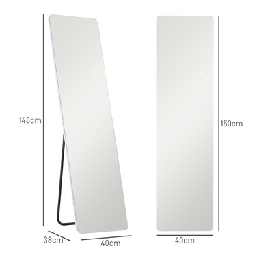 Дзеркало повного зросту HOMCOM, 150 x 40 см, напольне дзеркало з LED-підсвічуванням, 3 кольори світла, настінне дзеркало зі стійкою, сенсорна кнопка для спальні, вітальні, прозоре | Aosom