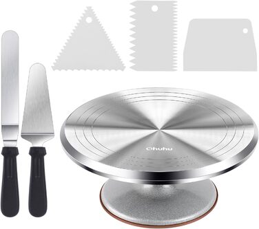 Ohuhu Поворотна платформа для тортів, 30 см, алюмінієвий сплав, з 2 шпателями та 3 скребками для декорування та випікання, подарунок для кондитерів, срібна