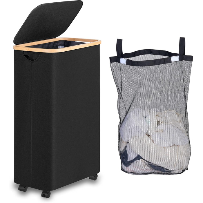 iEGrow Laundry Basket with Lid 75L, Narrow Laundry Baskets with Removable and Washable Inner Pocket, Laundry Hamper with Wheels, Foldable Laundry Baskets for Laundry Room, Bedroom, Bathroom (Black)