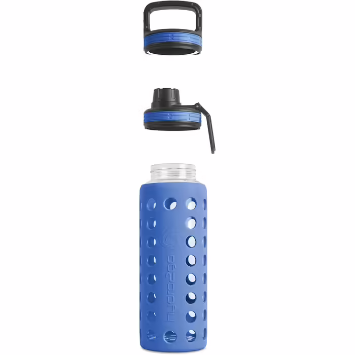 Glass Drinking Bottle with Silicone Sleeve – 100% Leak-Proof, BPA-Free, Dishwasher Safe, 2 Replaceable Lids – Ideal for Office, Fitness, Yoga, Sports & Outdoor (Navy Blue 2.0) – 950 ml