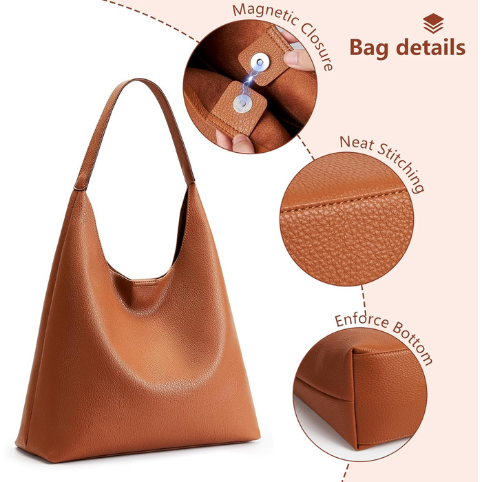 Сумка жіноча KALIDI Shopper Hobo з PU шкіри, вінтажна сумка-тоут з кнопкою, велика для роботи, навчання, повсякденного використання (коричнева)