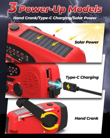 Радіо Esky Kurbelradio AM/FM водонепроникне, портативне з динамо-машиною, SOS-сигналом, Power Bank та LED-ліхтариком (червоне) - для походу, надзвичайних ситуацій