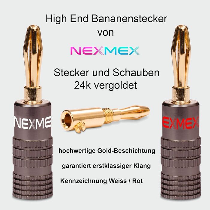 NEXMEX Бананові роз'єми 4 мм (10 шт.) Ultimate - позолочені 24K для акустичних кабелів Hi-Fi