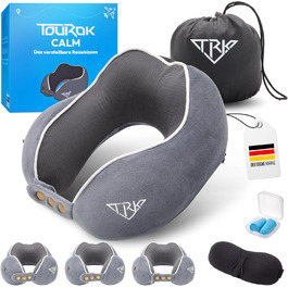 Подушка для шиї Calm – Memory Foam, для подорожей (літак, авто) – регульована ширина коміра, ергономічний дизайн, для дорослих, знімний чохол, сіра