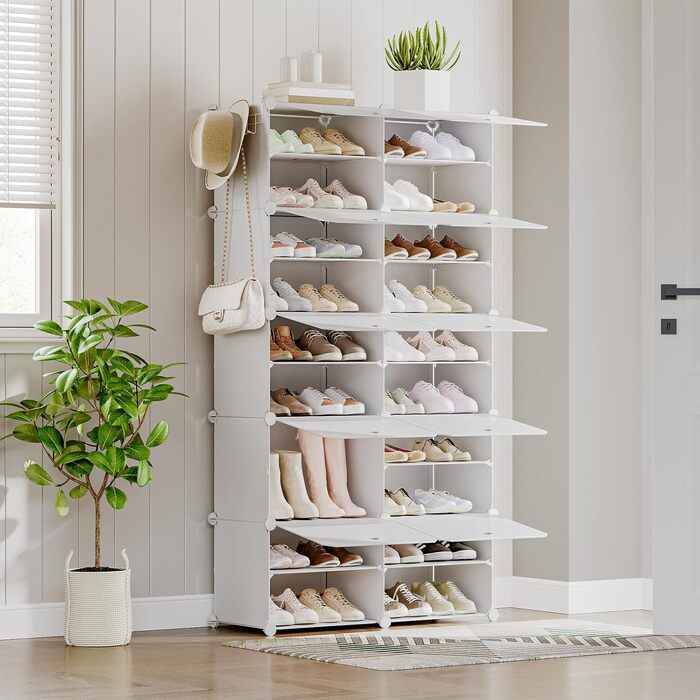 HOOBRO 8-Tier Shoe Rack, Shoe Cabinet, for 32 Pairs of Shoes, 40 x 30 x 30 cm per compartment, narrow, with doors, plastic, for living room, bedroom, hallway, entrance, White EWT28SC01G1 (10 Tiers, 80 x 30 x 150 cm), White)