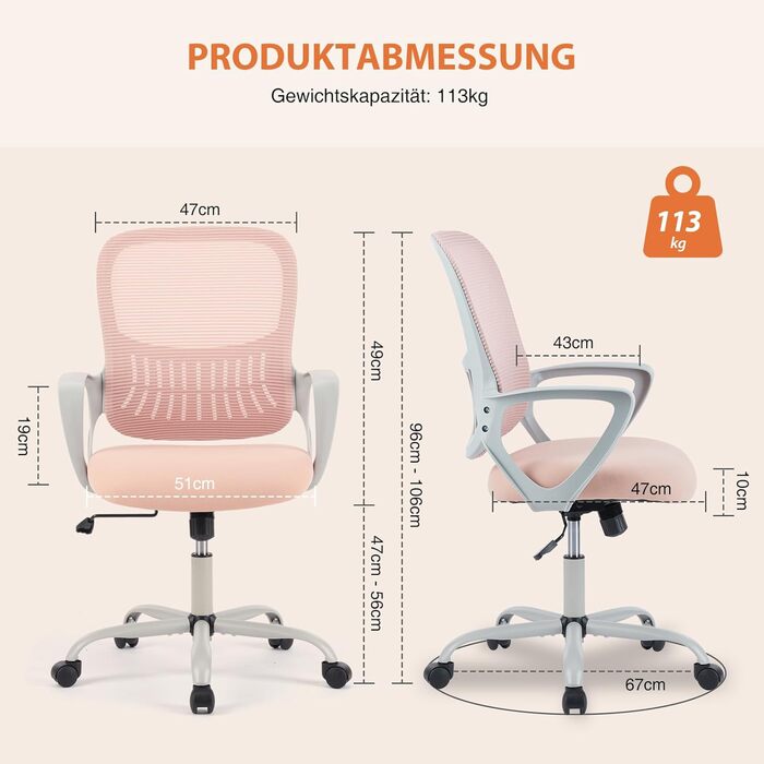 Ергономічне крісло Sweetcrispy для офісу та дому, з підтримкою попереку, регулюванням висоти та підлокітниками (рожевий)