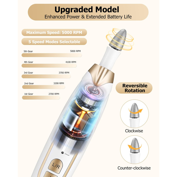 Набір для манікюру та педикюру з електричною насадкою для шліфування нігтів, 6 насадок, 20 шліфувальних кілець, 5 швидкостей, LED-підсвічуванням, білий