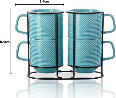 Набір кавових чашок з підставкою: керамічні чашки для лате/капучино, 370 мл, 4 шт. (Турквіс/Ausflug)