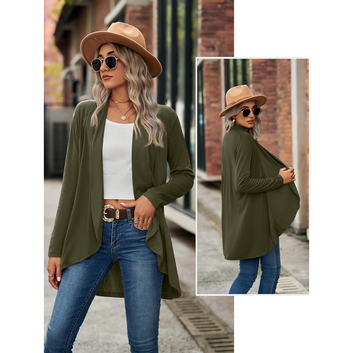 Кардиган жіночий з довгими рукавами, відкритий спереду, в'язаний, однотонний, модель водоспад, світшот, верхній одяг, армійний зелений