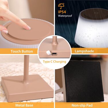 Світлодіодна настільна лампа Aigostar акумуляторна бездротова, димується сенсорним дотиком, 3 режими світла, водонепроникна IP54 для дому та саду (Світло-коричнева)
